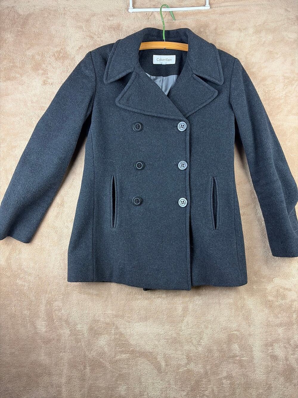 Calvin Klein Gray Wool Blend Pea Coat Jacket Womens Size 4 Double Breasted